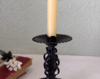 Vintage Single Black Metal Candlestick Holder 5 1/2"H - Ornate Wrought Iron Taper Candle Holder - Spanish Revival/ Old World/ Cottage/Gothic