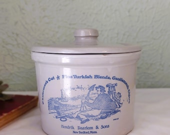 Vintage Pottery Stoneware Crock w/ Lid - Lt Gray & Blue - 5&quot;x6&quot; - Hendrick Daarlem and Sons Advertising Crock - Farmhouse/French Country