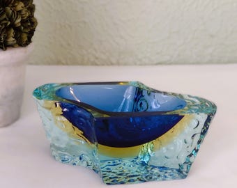 Vintage Murano Style Dish Centerpiece Sculpture Bowl - Glass Home Accent- Blue & Yellow Ombre 6&quot;x2.5&quot; - Modern/ Glass Art/ Italy