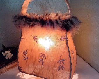 Vintage Purse Lamp w/ Faux Fur - Footed w/ Lucite Knobs - Fabric Shade w/ Leaf Design 12x8 Accent Table Lamp - Cottage/Shabby/Girls Room