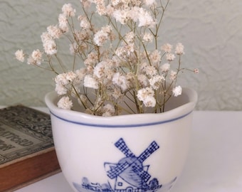 Vintage Small Blue & White Planter - Delft Dutch Windmill - Geerlings Porcelain Planter - 3 1/4&quot;H - Flowers/Plants/Garden/Patio/Mid Century