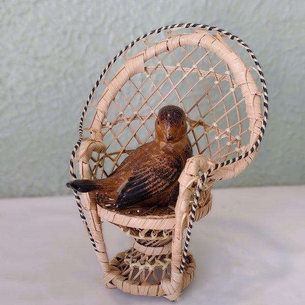 Vintage Miniature Wicker Fan Chair Plant Stand - Mini Wicker Peacock Chair/ Small Woven Rattan Stand/ 7" Wicker Doll Chair - Boho/Retro