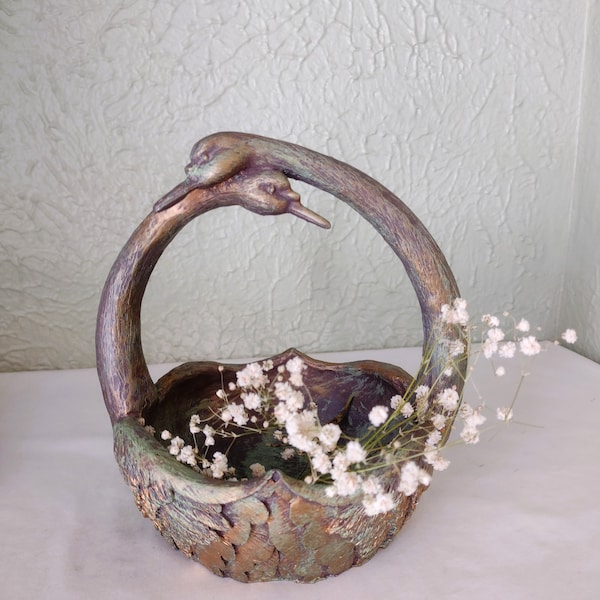 Vintage Embracing Swans Cast Resin Basket Figurine Sculpture -  - Planter/Rustic/Primitive/Folk Art/Wedding