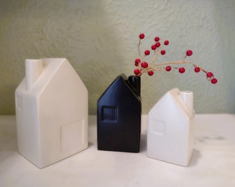 Set of 3 Hearth & Hand Magnolia Ceramic Houses - Bud Vase - 2 White, 1 Black - Matte Finish - Cottage/Farmhouse