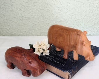 Pair of Wood Carved Hippo Figurines - Small Wooden Hippopotamus - Wood Grains, Two Toned - African Safari Animals