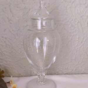 May include: A clear glass apothecary jar with a lid. The jar has a rounded body, a slender stem, and a circular base. The lid has a small knob on top. The jar is empty and sits on a white surface.