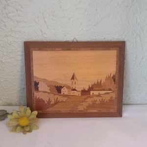 Vintage Wood Inlay Wall Art - European Village Scene - 9x7 - Wooden Wall Plaque - Italian Marquetry Wall Hanging - Mid Century/Boho/Old Worl