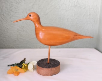 Vintage Wooden Hand Carved Shorebird/ Sandpiper Figurine - Bird on a Stand 8.5&quot; x 11.5&quot; Sculpture -  Coastal/Beach/Ocean/Cabin/Boho