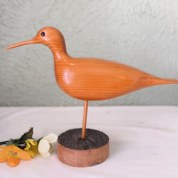 Vintage Wooden Hand Carved Shorebird/ Sandpiper Figurine - Bird on a Stand 8.5" x 11.5" Sculpture -  Coastal/Beach/Ocean/Cabin/Boho
