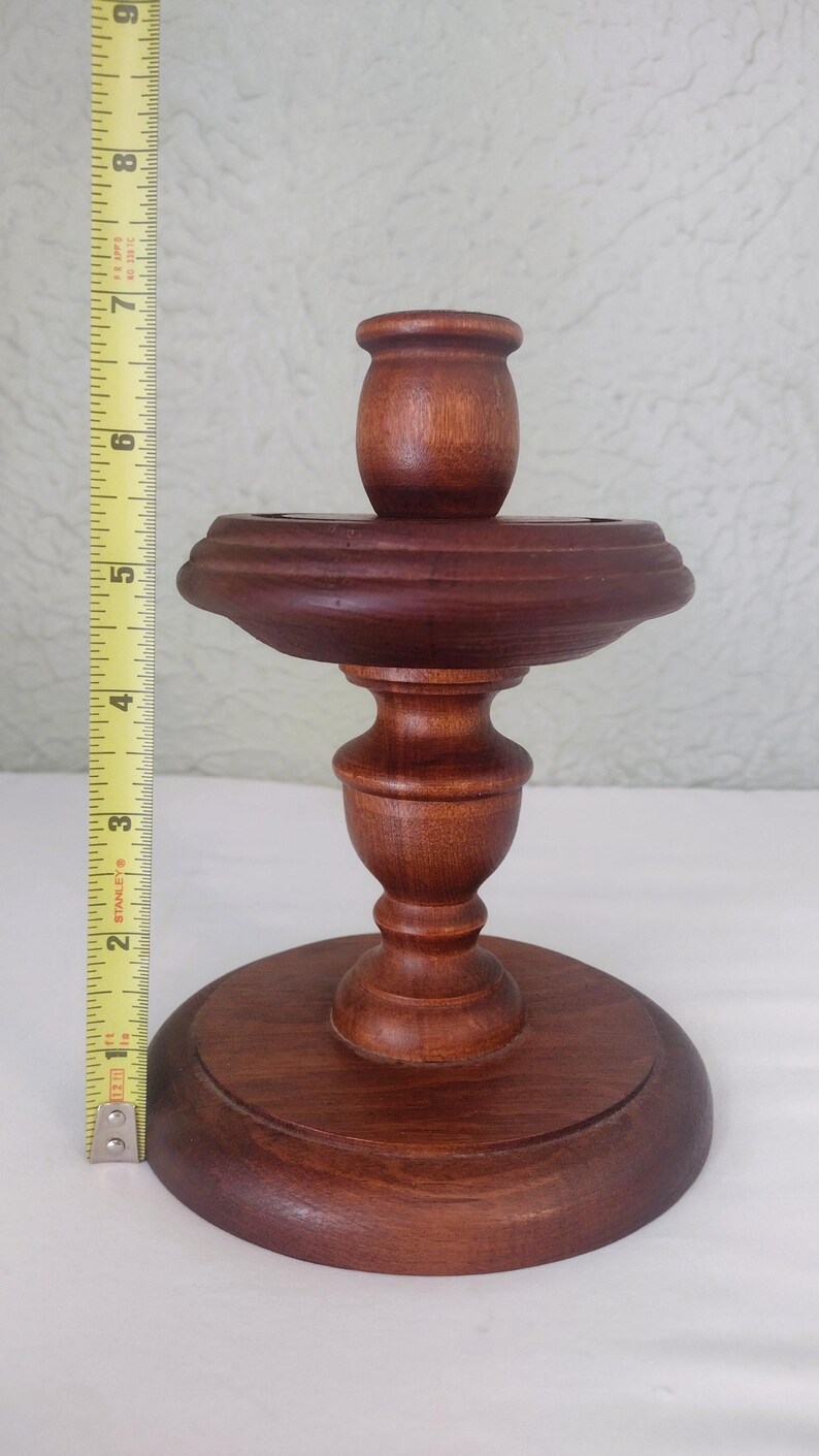 Vintage Solid Turned Wood Candlestick Holder - 7"h Medium Tone Wooden ...