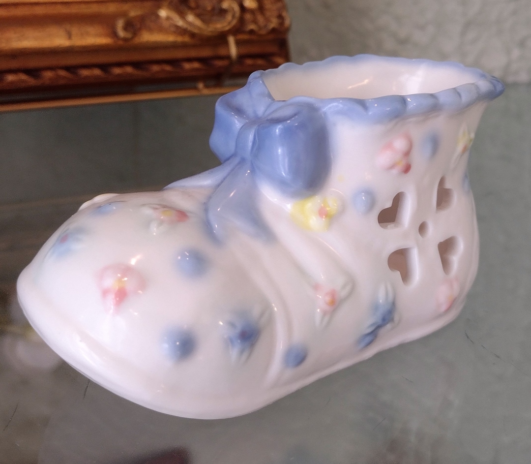 Vintage Baby Boy Ceramic Porcelain Blue Shoe Bootie Nursery/baby Shower