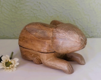 Vintage Wood Carved Rabbit Trinket Box - 8x4 Wooden Bunny Hare - 2 Piece Box - Folk Art/ Cottage/ Farmhouse/ French Country