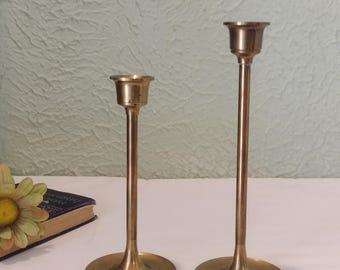 Set of 2 Vintage Brass Candlestick Holders - Gold Tone Taper Candle Holders - 6" and 7.5" - Primitive/Old World/Cottage/Farmhouse