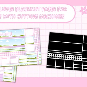 May include: A printable February calendar planner with a pastel color scheme and a landscape design. The calendar includes a weekly spread, daily boxes, and a notes section. The planner also includes a page of blackout stickers for use with cutting machines.