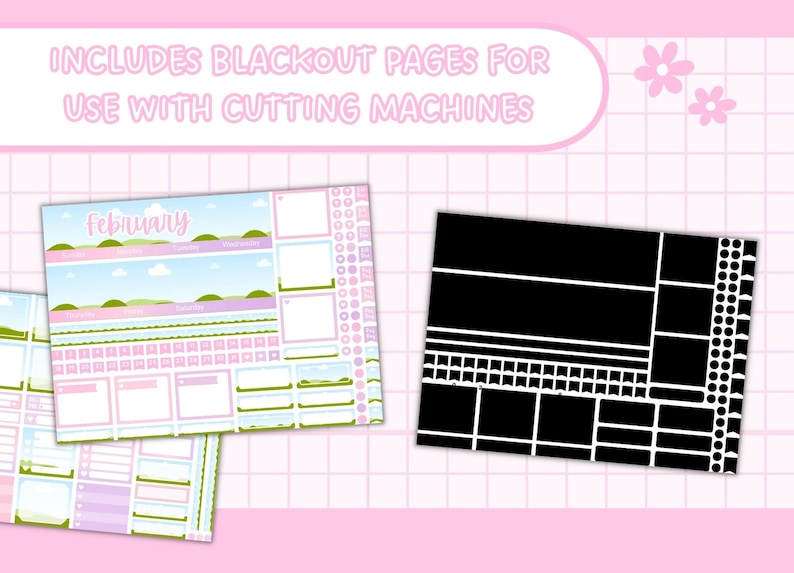 May include: A printable February calendar planner with a pastel color scheme and a landscape design. The calendar includes a weekly spread, daily boxes, and a notes section. The planner also includes a page of blackout stickers for use with cutting machines.