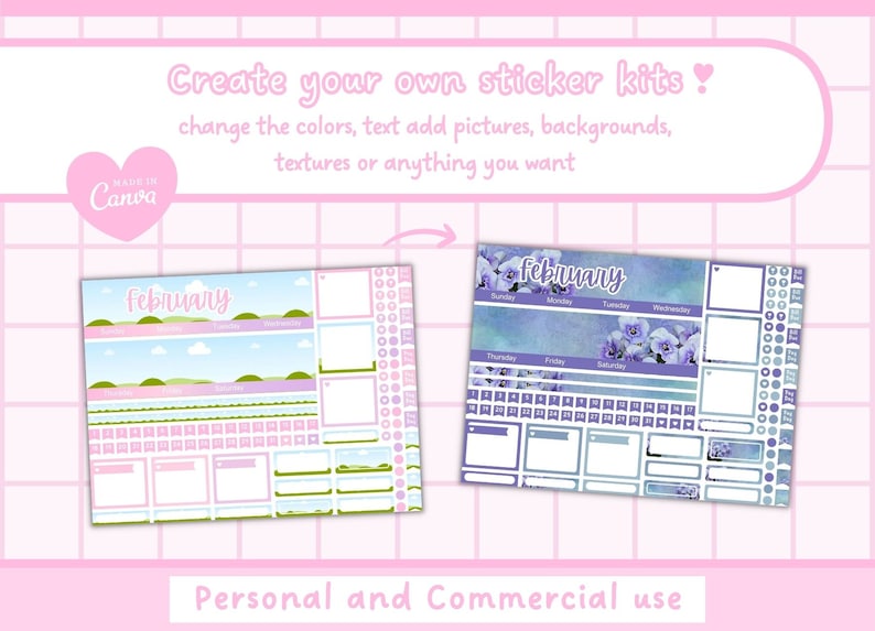 May include: Two printable sticker sheets for February. One sheet features a blue sky with clouds and green hills. The other sheet features a watercolor background with purple flowers. Both sheets include boxes for writing and a calendar.