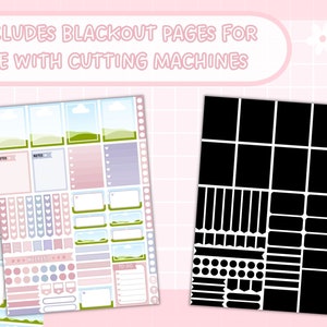 May include: A printable planner page with a pastel pink, blue, and green color scheme. The page includes sections for notes, to-do lists, and weekly planning. The image also includes a black and white silhouette of the planner page for use with cutting machines.  Includes Blackout Pages for Use with Cutting Machines.
