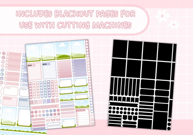 May include: A printable planner page with a pastel pink, blue, and green color scheme. The page includes sections for notes, to-do lists, and weekly planning. The image also includes a black and white silhouette of the planner page for use with cutting machines.  Includes Blackout Pages for Use with Cutting Machines.
