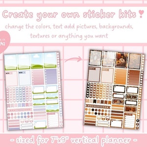 May include: Two printable sticker sheets for a 7" x 9" vertical planner. The first sheet has a pastel pink, purple, and green color scheme with a landscape design. The second sheet has a brown and white color scheme with a fall theme. Both sheets include various shapes, sizes, and designs of stickers.