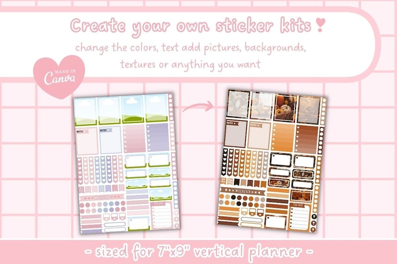 May include: Two printable sticker sheets for a 7" x 9" vertical planner. The first sheet has a pastel pink, purple, and green color scheme with a landscape design. The second sheet has a brown and white color scheme with a fall theme. Both sheets include various shapes, sizes, and designs of stickers.