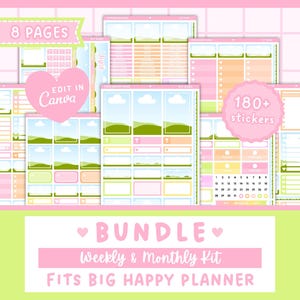 May include: A printable planner bundle with 8 pages, 180+ stickers, and a green and blue landscape design. The text "EDIT IN Canva" and "Weekly & Monthly Kit" is included. The planner is designed to fit a Big Happy Planner.
