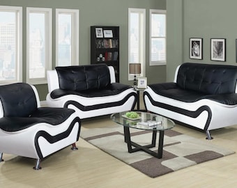 Beverly Fine Furniture 3 Piece Aldo Modern Sofa Set, Black/White