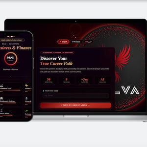 May include: A smartphone and laptop display a career assessment interface with a dark red and black colour scheme. The phone shows a 98% match for Business & Finance. The laptop screen displays the text "Discover Your True Career Path".