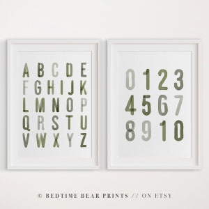 Alphabet and Number Nursery Prints, Educational Wall Art, Olive Green Nursery Decor, Hand Painted Nursery Prints, Instant Download