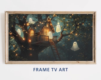 Pintura al óleo de la casa del árbol de Halloween: Marco de fantasmas espeluznantes para TV (Descarga digital)