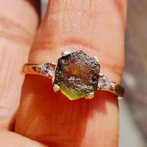 Hexagon Moldavite Ring: Raw Czech Meteorite, 925 Sterling Silver