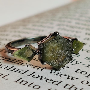 Raw Moldavite Ring: Hexagon & Kite, Sterling Silver, Czech Meteorite