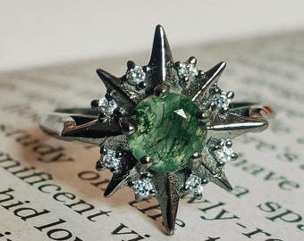 Moss Agate Sterling Silver Starburst Ring, Handmade Jewelry