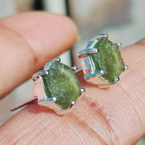 Raw Moldavite Stud Earrings: 925 Sterling Silver, Czech Crystal