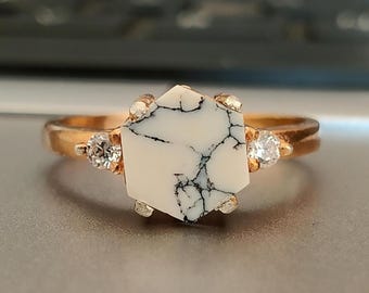Hexagon Howlite Ring: Raw Gemstone 925 Sterling Silver Handmade Jewelry