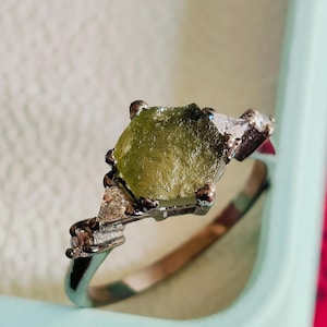 Raw Moldavite Ring: Hexagon Silver Engagement Ring, Czech Meteorite