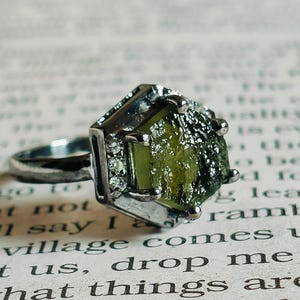 Oxidized Sterling Silver Moldavite Ring: Raw Hexagon Gemstone, Handmade