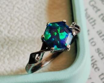 Handmade Hexagon Fire Opal Ring: 925 Sterling Silver Engagement Jewelry