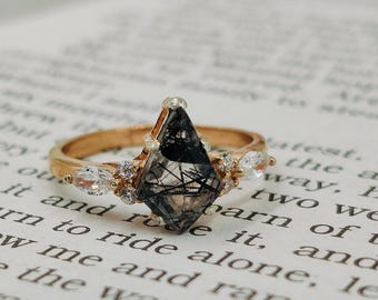 Vintage Black Rutilated Kite Ring: Handmade 925 Sterling Silver