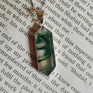 Long Hexagon Moss Agate 925 Sterling Silver Pendant Necklace