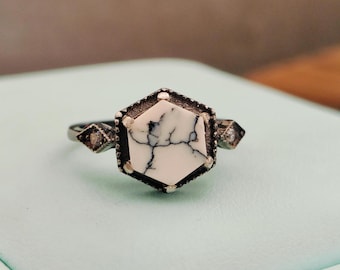 Hexagon White Howlite Ring: Dainty Sterling Silver Promise Ring