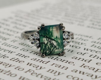 Moss Agate Sterling Silver Ring: Handmade Gemstone Engagement Ring