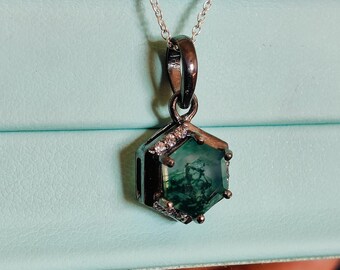 Dainty Hexagon Moss Agate Pendant: 925 Sterling Silver Necklace