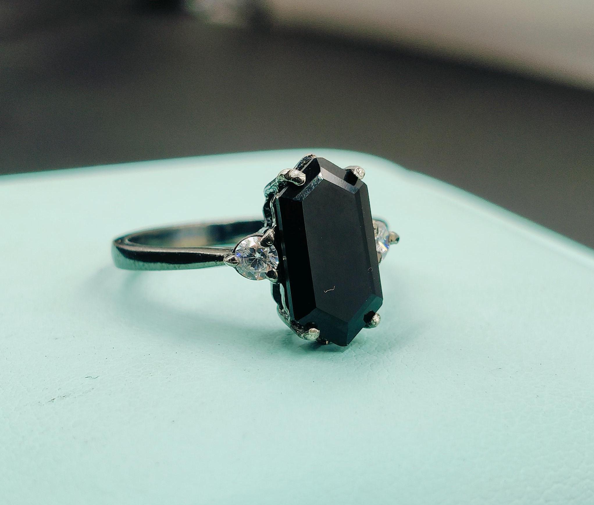ブラックオニキスリング：ロングヘキサゴン、925スターリングシルバー 