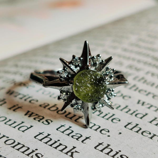Natural Moldavite Sterling Silver Ring: Raw Czech Meteorite Engagement