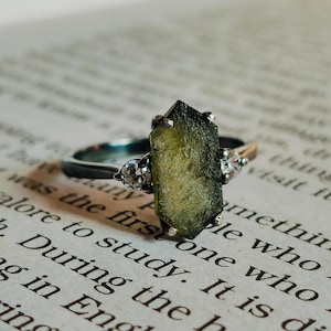 Raw Moldavite Ring: Hexagon Sterling Silver Healing Crystal