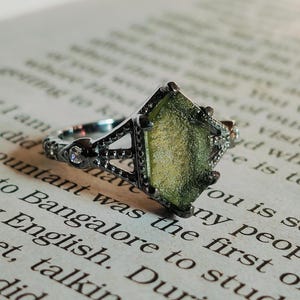 Natural Moldavite Ring: Raw Hexagon Gemstone, 925 Sterling Silver