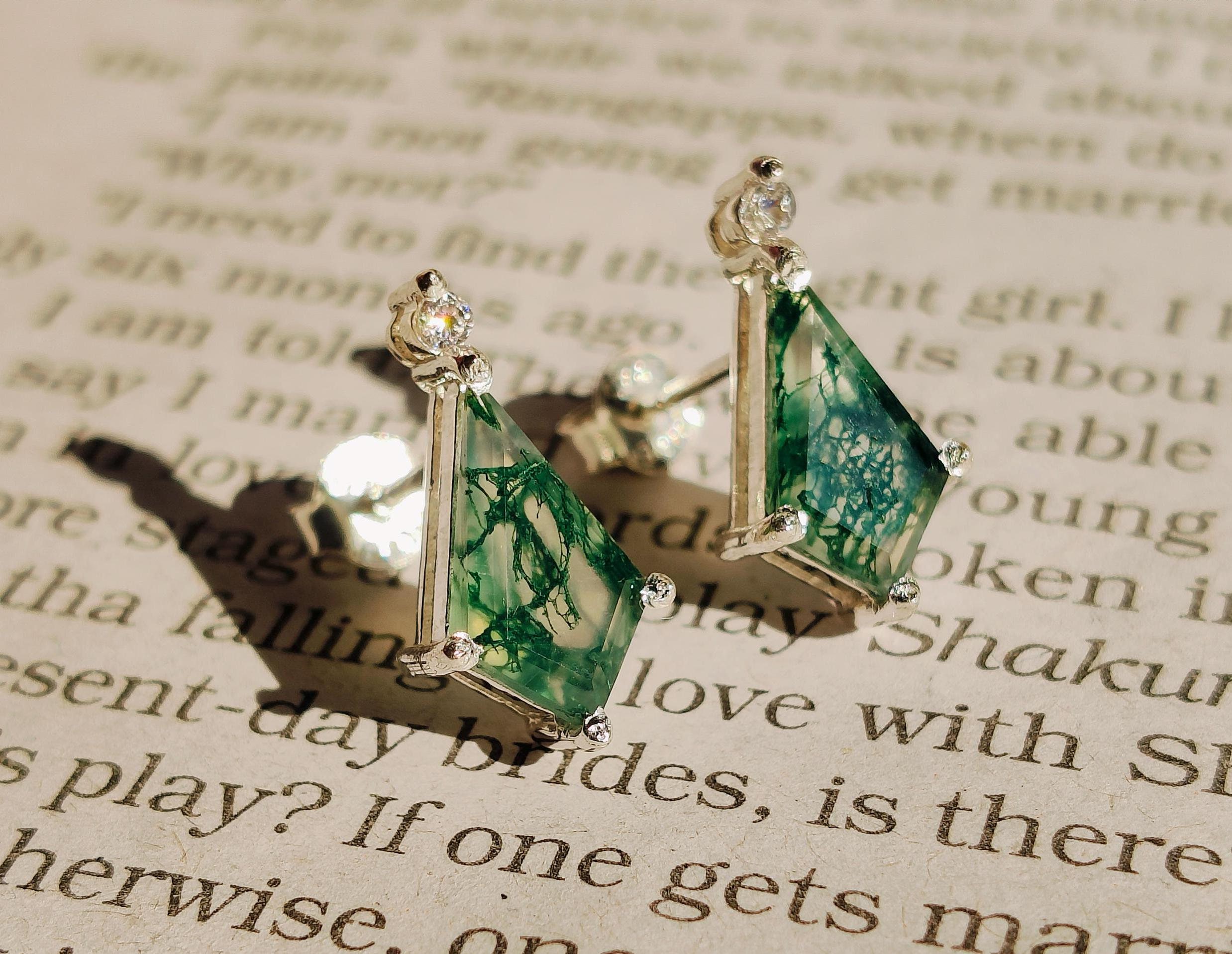 Moss Agate Stud Earrings: Green Gemstone, 925 Sterling Silver