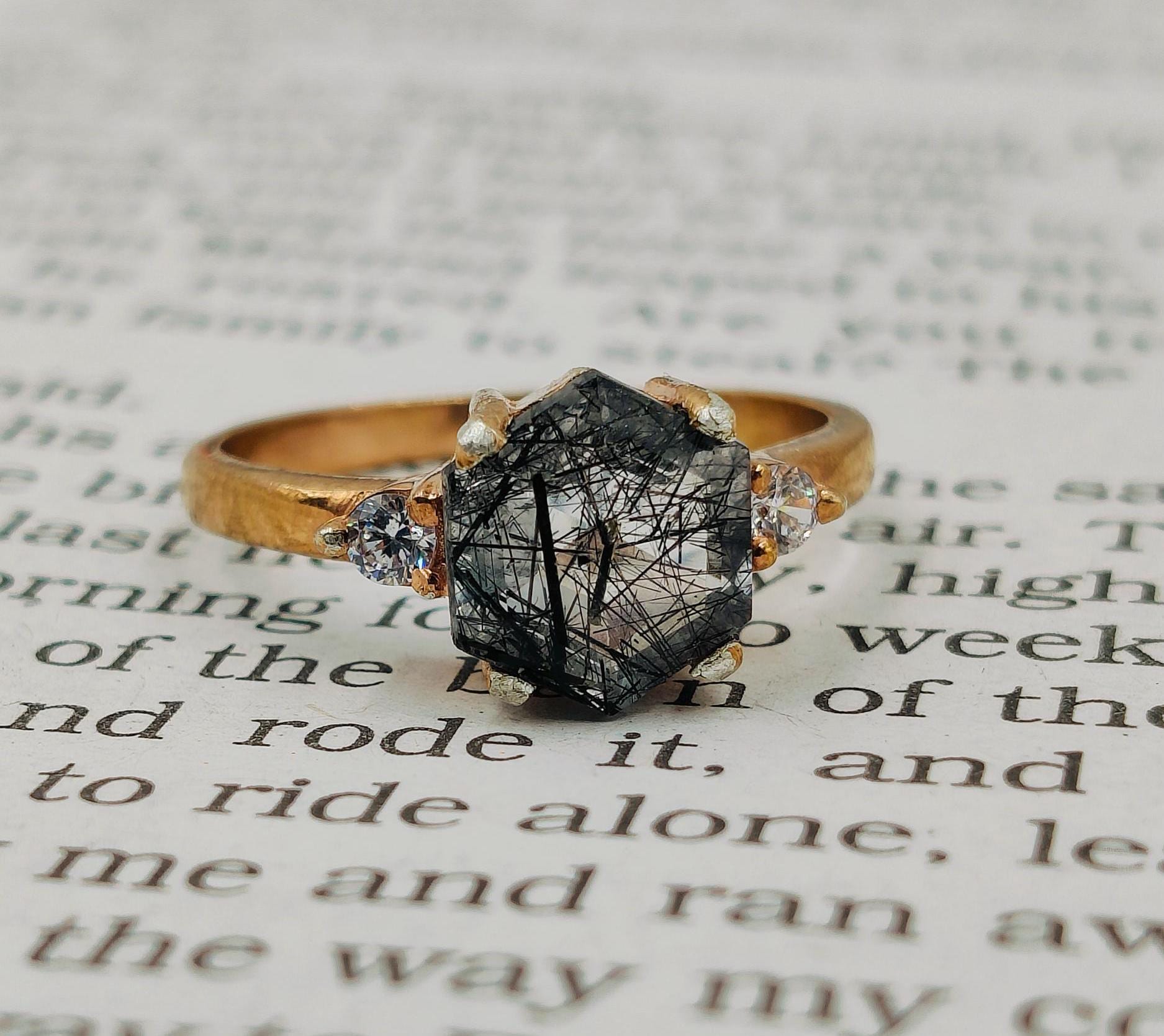 Schwarzer Rutilquarz Ring: Sechskant Edelstein, 925 Sterling Silber