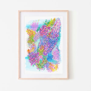 Cerulean Seabed Art Print Modern Coral Reef Painting with Watercolor & Gouache Colorful Wall Art Home Decor Print by Iridisea Studio image 1