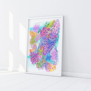 Cerulean Seabed Art Print Modern Coral Reef Painting with Watercolor & Gouache Colorful Wall Art Home Decor Print by Iridisea Studio image 3